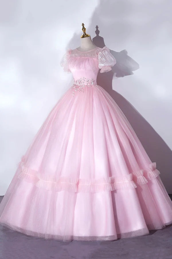 Wholesale Pink Tulle Lace Long Prom Dress Lovely A-Line Short Sleeve Evening Dress